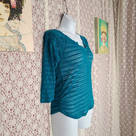 NWT Self esteem turquoise sheer striped lace blouse size large - Picture 5 of 9